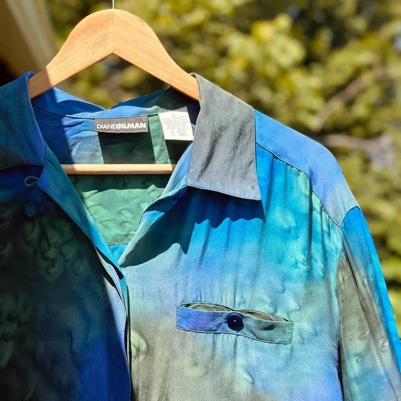 100% Washable Silk Blue/green Blouse - Diane Gilman -  S - Picture 3 of 4